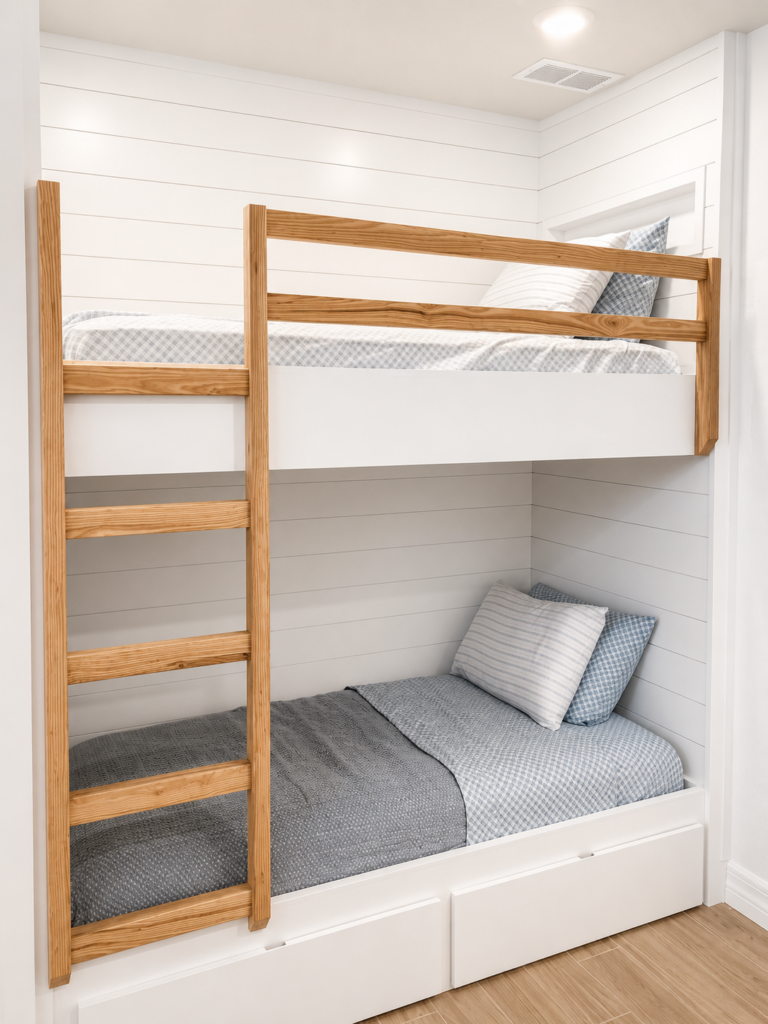 Custom built-in bunk beds featuring white shiplap walls, natural wood ladder and guardrail, integrated storage drawers, and a clean coastal-inspired design.