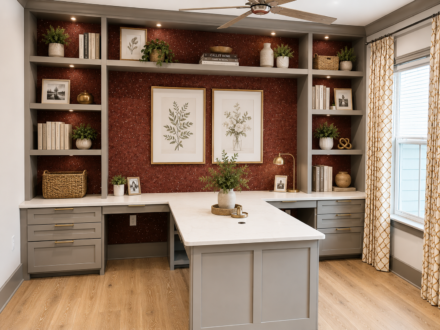 Custom executive home office featuring gray built-in cabinetry, floating display shelves, large center island desk, decorative shelving, and a textured red accent wall.