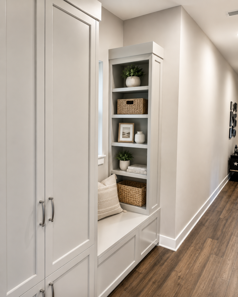Custom mudroom built-in featuring a tall storage cabinet, bench seating, open shelving, and integrated storage designed for organization in a hallway entry space.