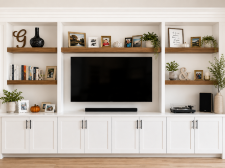 Custom entertainment center featuring white built-in cabinetry, floating white oak shelves, integrated television wall, concealed storage, and decorative display shelving.