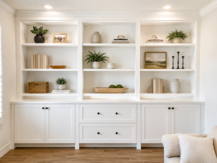 Custom white built-in cabinet with open shelving, shaker-style doors, large storage drawers, recessed lighting, and decorative display space in a bright living room.