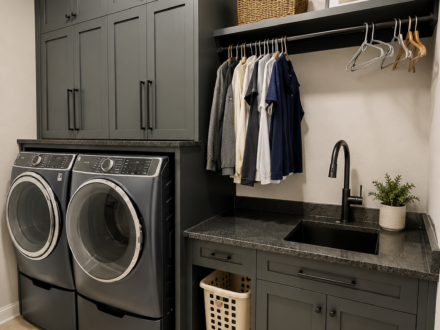 Custom laundry room featuring charcoal gray shaker cabinets, upper storage cabinets, utility sink, hanging rod, stone countertop, and front-load washer and dryer.