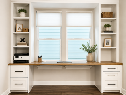 Custom built-in home office featuring white shaker cabinetry, open bookshelves, a full-width white oak desktop, drawer storage, and dual windows providing natural light.