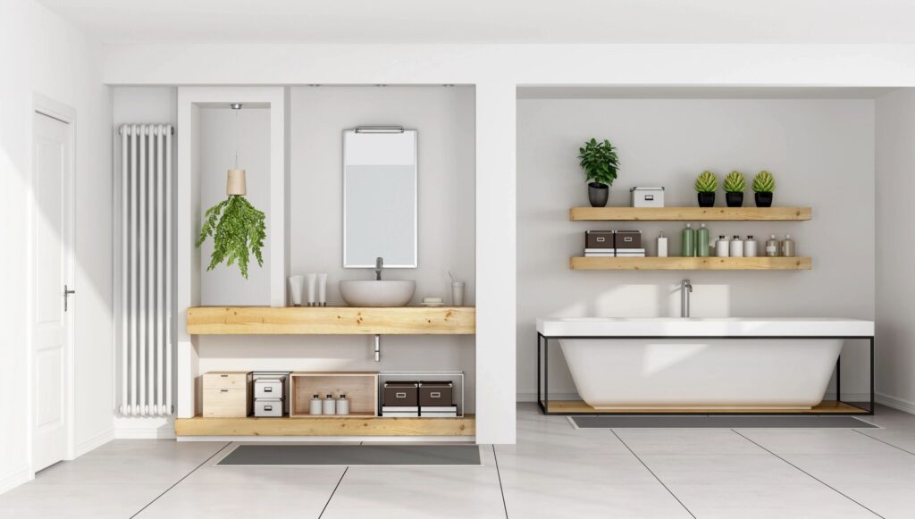 Custom bathroom vanity and floating shelves