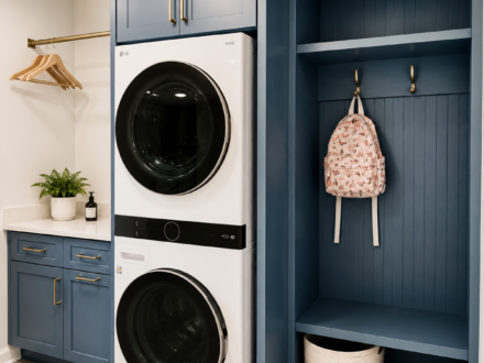 Custom blue laundry room cabinetry featuring a stacked washer and dryer, mudroom locker, hanging hooks, upper storage cabinets, and quartz countertops.