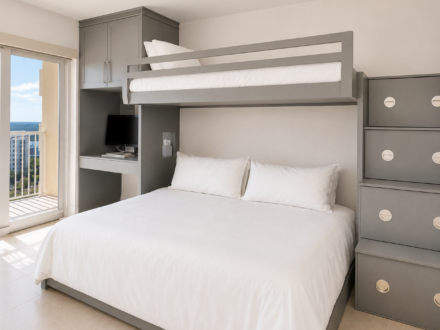 Custom built-in bunk room featuring a queen bed, upper bunk, integrated desk, storage cabinets, stair drawers, and a coastal-inspired gray finish with balcony views.
