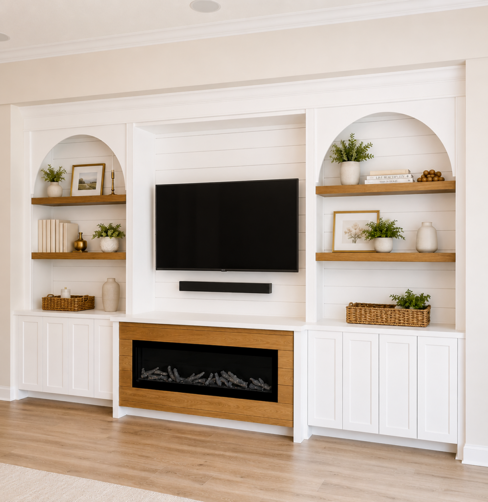 Custom media wall featuring white built-in cabinetry, arched display shelves with white oak accents, a mounted television, shiplap backing, and a linear electric fireplace with a white oak surround.