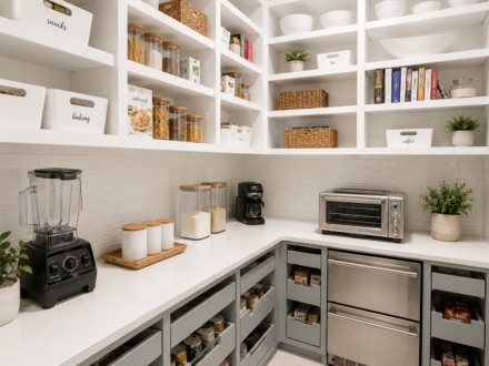 Custom walk-in pantry featuring white upper shelving, gray base cabinetry, pull-out storage drawers, appliance countertop, and organized food storage solutions.