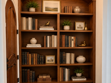 Custom walnut built-in bookcase featuring rich wood cabinetry, adjustable shelving, decorative styling, and an elegant arched header beneath a crystal chandelier.