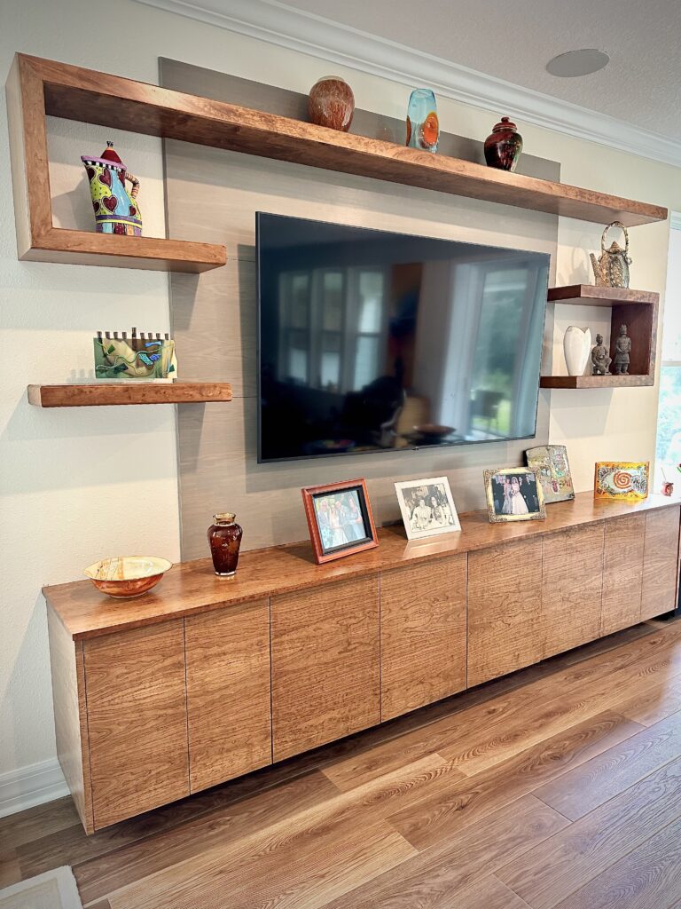 Mid Century Modern Floating Entertainment Console with Custom Floating Shelves