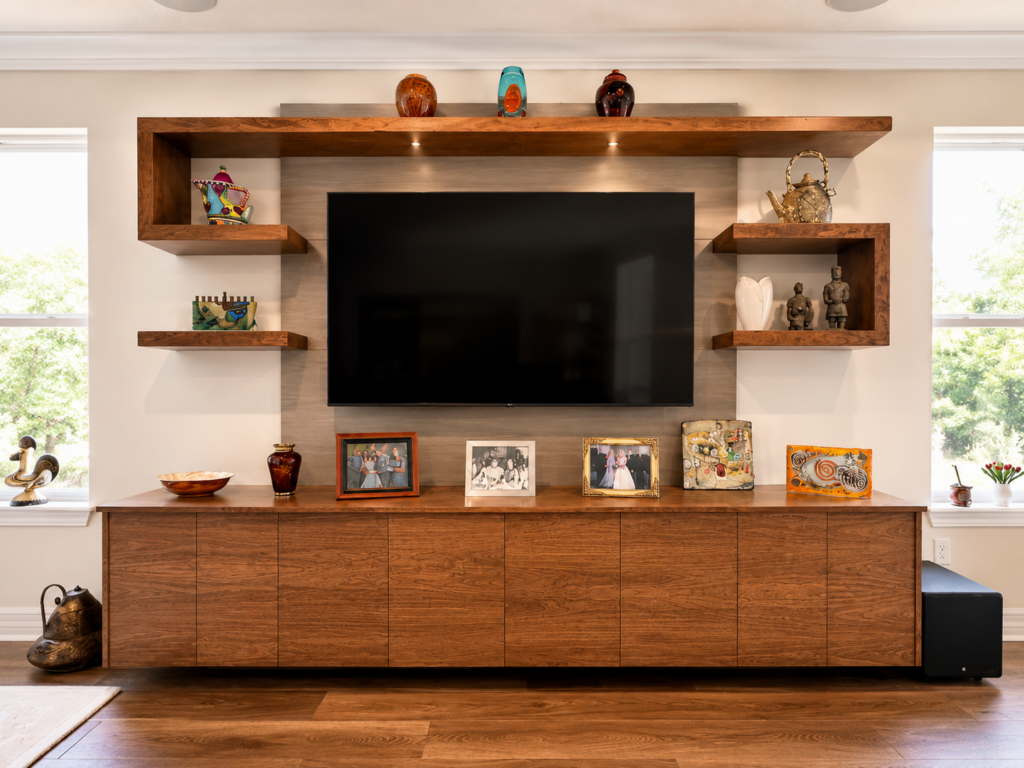 Custom walnut media wall featuring a wall-mounted television, floating display shelves, full-width lower cabinetry, decorative wood panel backdrop, and integrated storage.