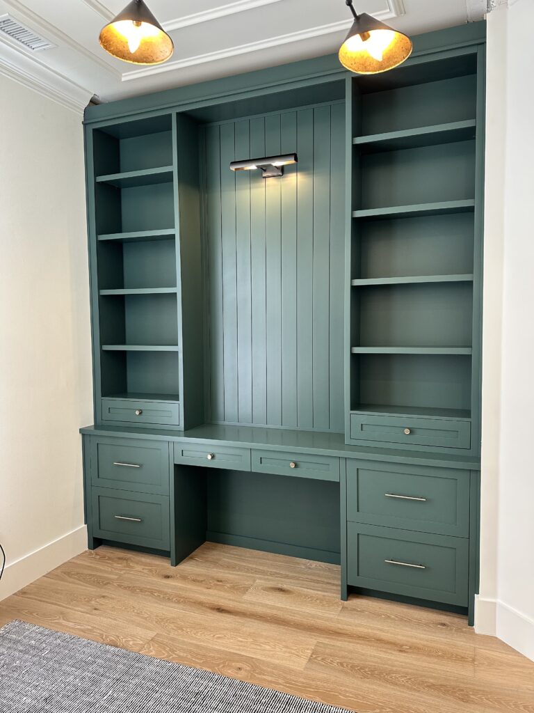 Green Home Office Builtin Shelves