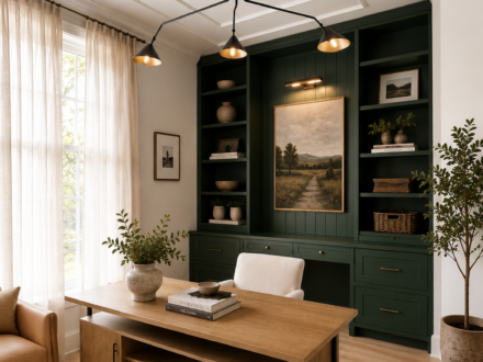Custom home office featuring deep green built-in cabinetry with open shelving, integrated storage drawers, vertical shiplap backing, framed artwork, white oak executive desk, and modern black chandelier.