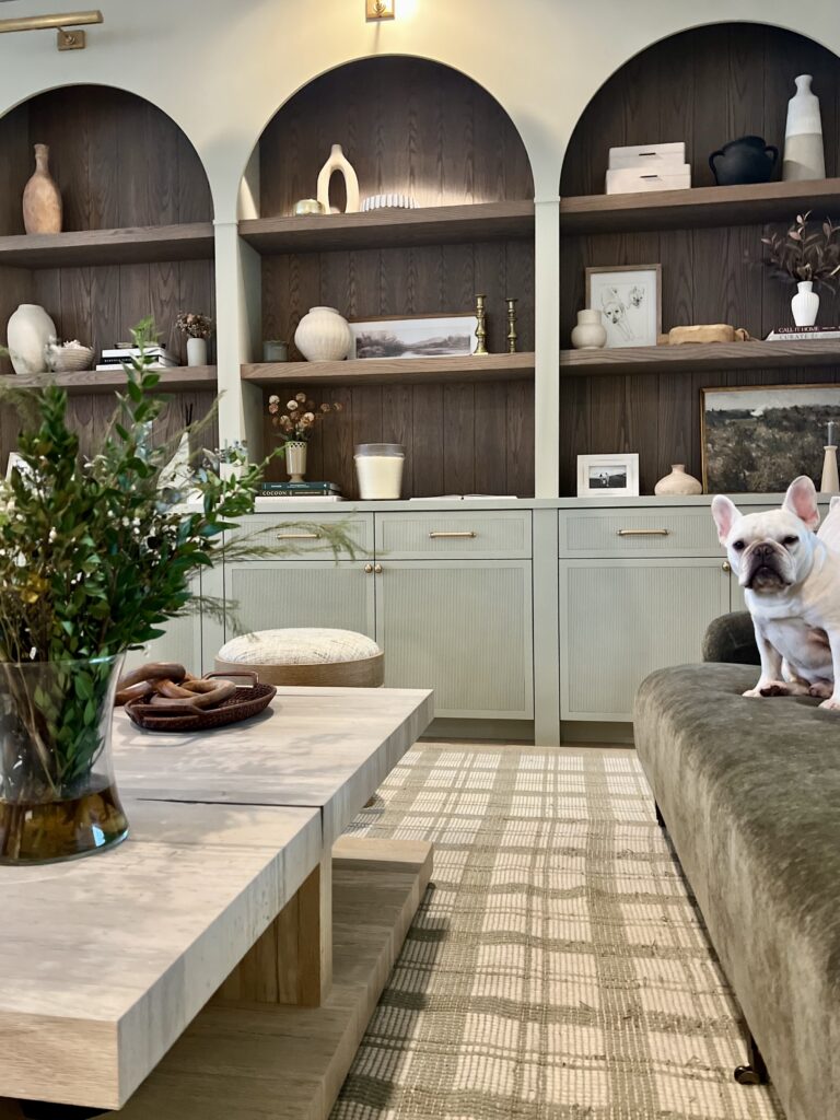Custom Arched Bookshelves with Cabinets and Natural Shelving