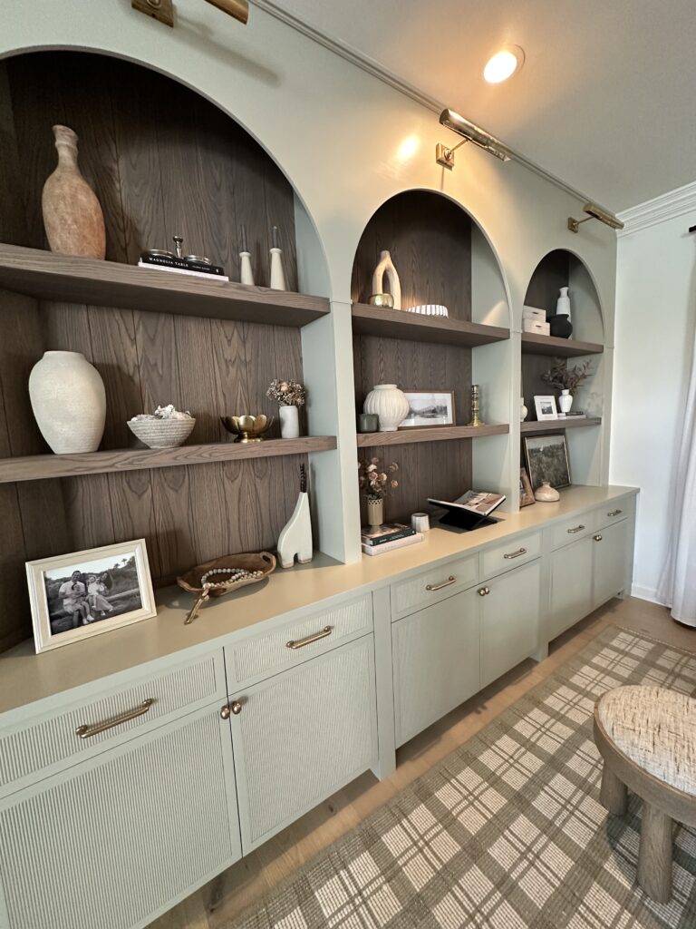 Custom Arched Wall Unit with Natural Oak Shelves and Tambour Door Fronts