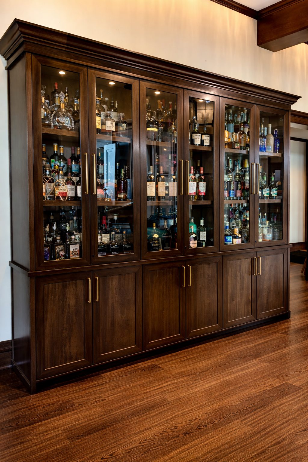 Walnut Liquor Cabinet with Glass Doors and Stepped Shelves
