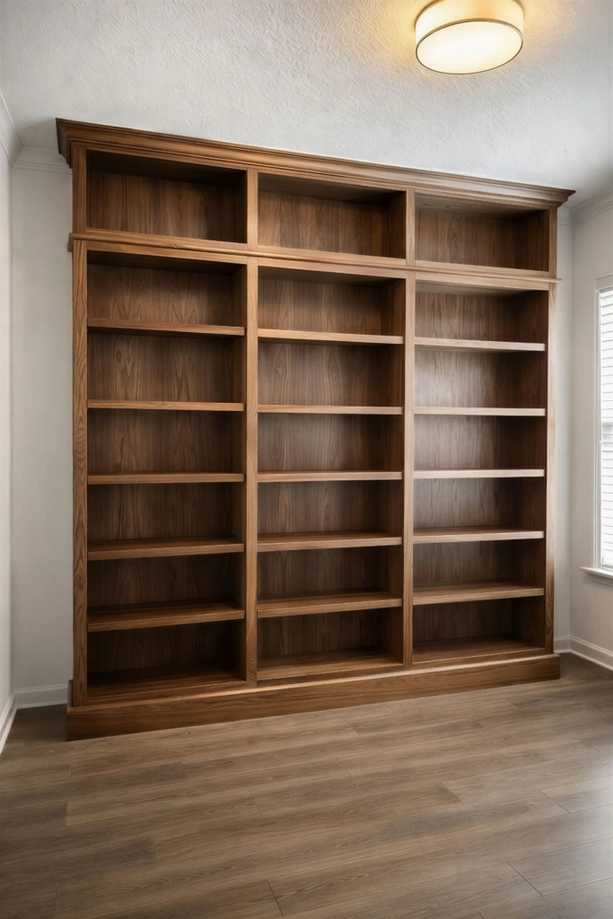Floor-to-ceiling solid walnut custom bookshelf with crown moulding, open shelving, and rich natural wood grain detail.