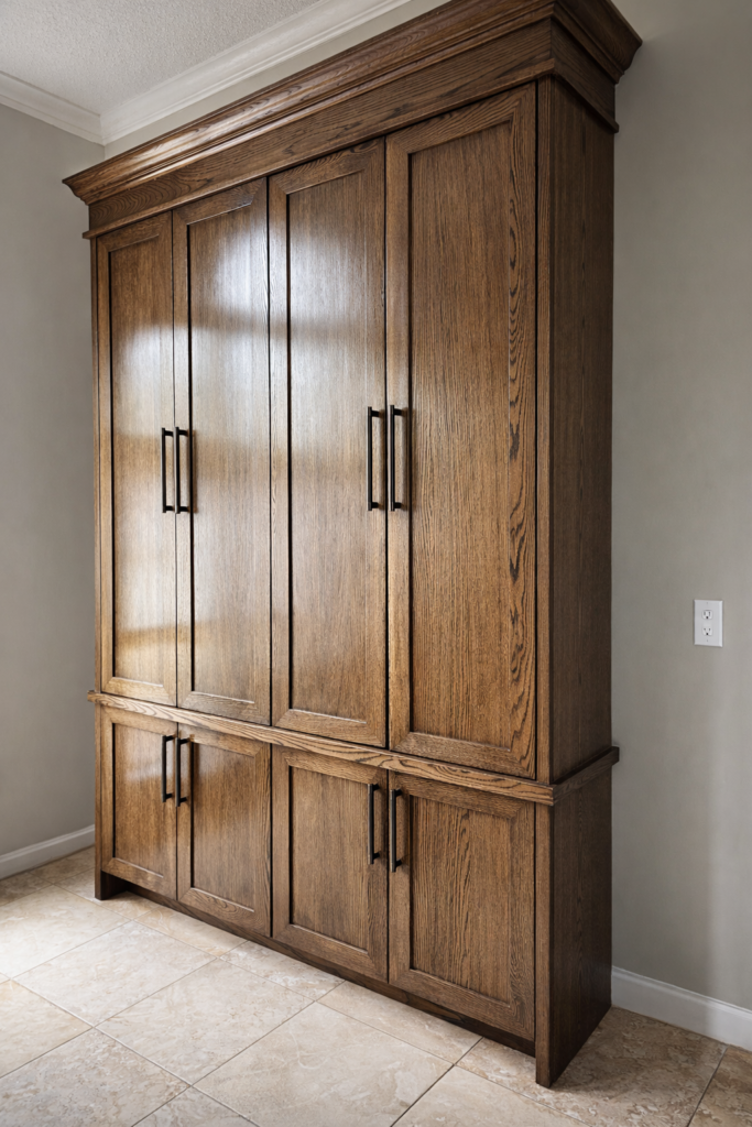 Custom white oak bourbon cabinet with full-height upper storage, lower base cabinets, crown moulding, and black metal pulls in a warm medium-brown finish.