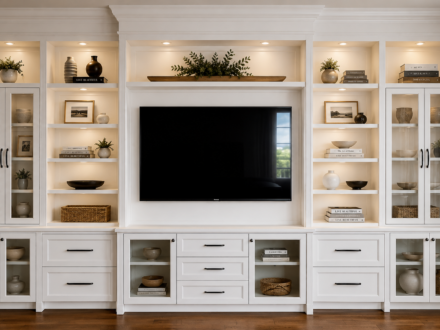 Floor-to-ceiling custom white built-in media wall featuring a centered television, glass display cabinets, open shelving with decorative styling, integrated LED lighting, and extensive storage cabinetry.