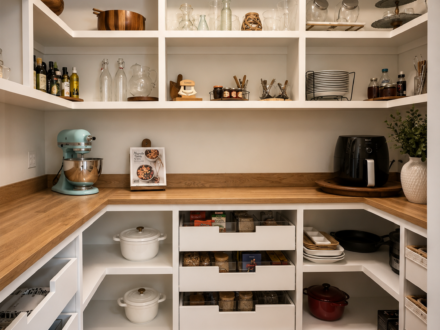 Custom walk-in pantry featuring white built-in cabinetry, white oak countertops, open shelving, deep storage drawers, appliance station, and organized kitchen storage solutions.
