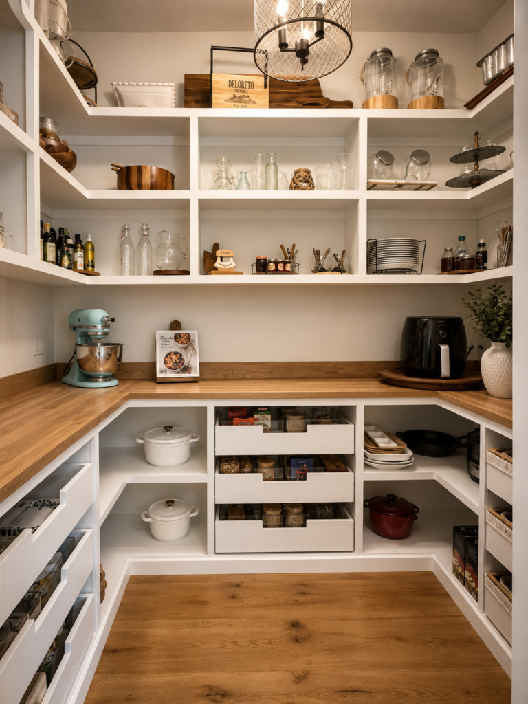 Custom walk-in pantry featuring white built-in cabinetry, white oak countertops, open shelving, deep storage drawers, appliance station, and organized kitchen storage solutions.