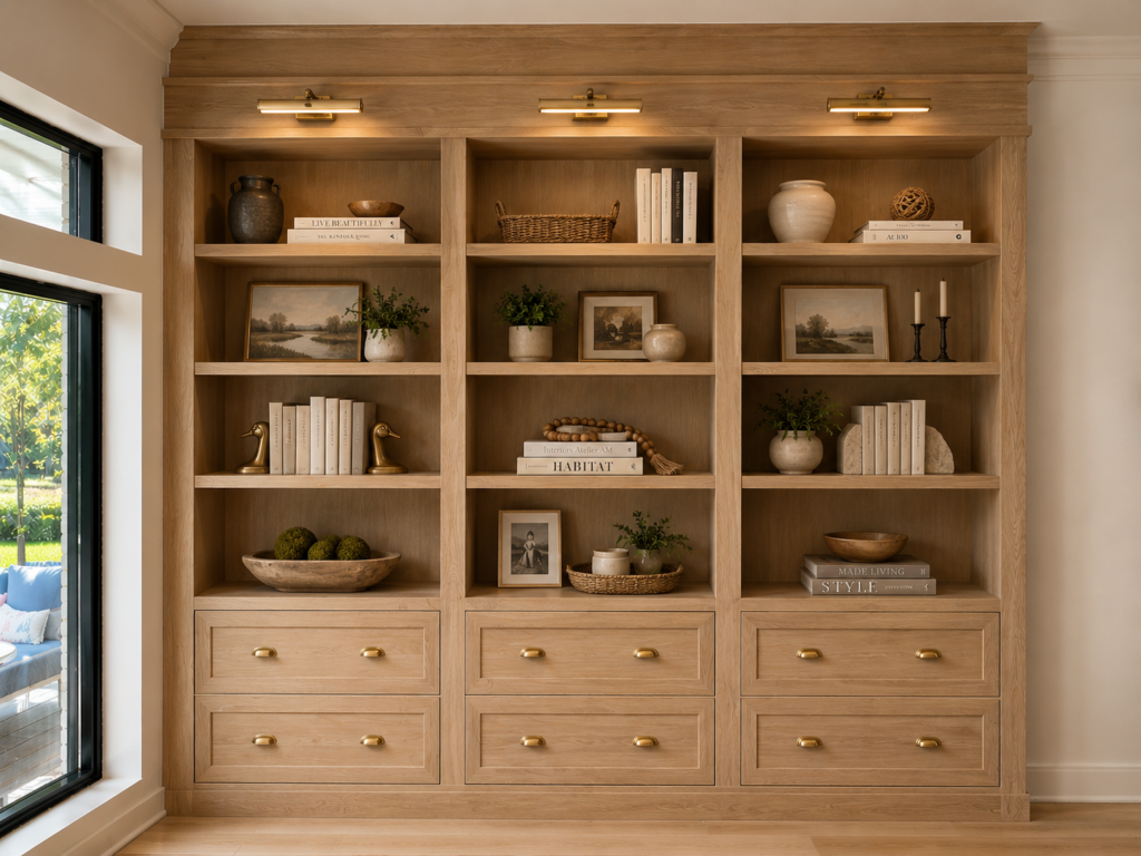 Custom white oak built-in bookshelves featuring floor-to-ceiling shelving, integrated gallery lights, six storage drawers, and styled décor in a luxury reading room.