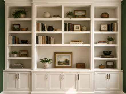 Custom white built-in library featuring floor-to-ceiling shelving, recessed display niches, shaker-style base cabinets, decorative crown molding, and styled book displays for elegant living room storage.
