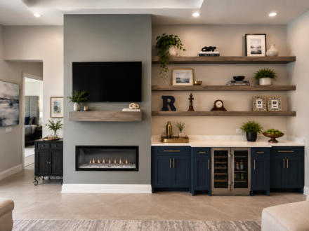 Custom living room featuring a modern fireplace media wall with floating TV shelf, navy blue built-in home bar, floating alder shelves, white quartz countertops, and integrated beverage refrigerators.